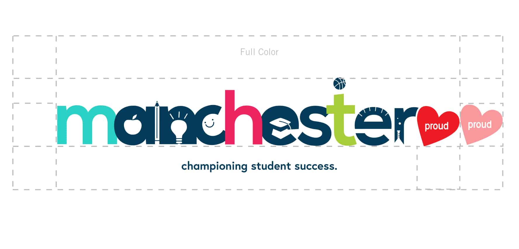 The word manchester features city branding and logo design, with icons within the letters and two heart shapes labeled proud; tagline: championing student success.