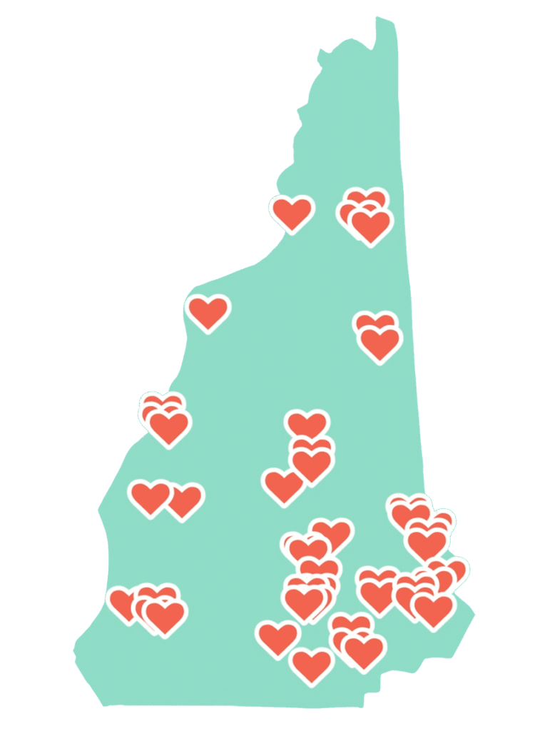 Aqua map of New Hampshire with red heart icons scattered across various locations, representing key areas for healthcare digital marketing outreach.