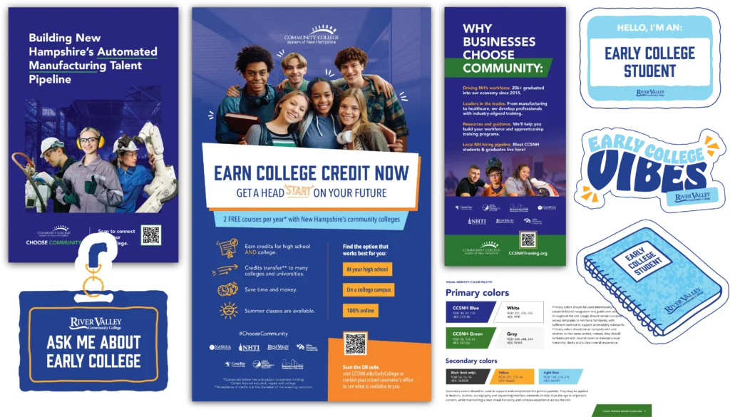 Collage of community college communications materials, including flyers, brand colors, and student photos.