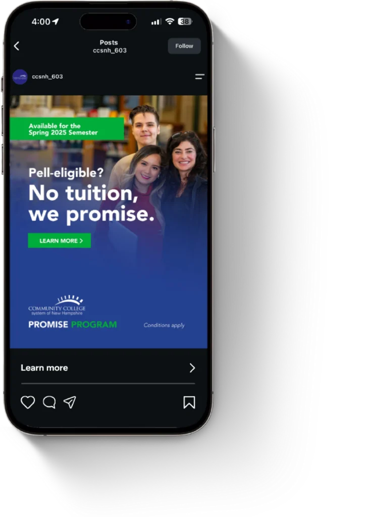 Instagram post from Community College System of NH promoting free tuition for Pell-eligible students.