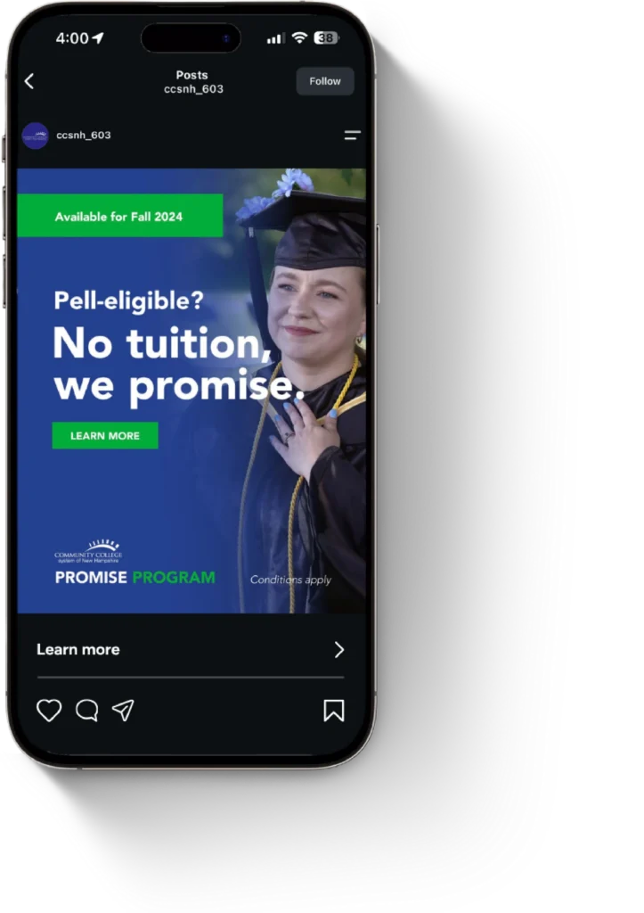 Smartphone showing a community college communications social media post about a tuition-free promise program.