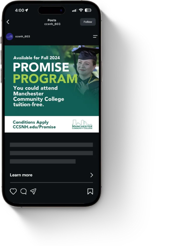Instagram post promoting the tuition-free Promise Program for Fall 2024 through community college communications.