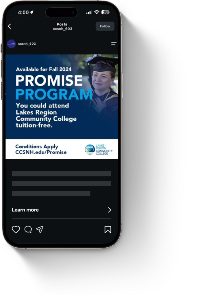 Smartphone displaying a community college communications post about the Lakes Region Community College Promise Program.