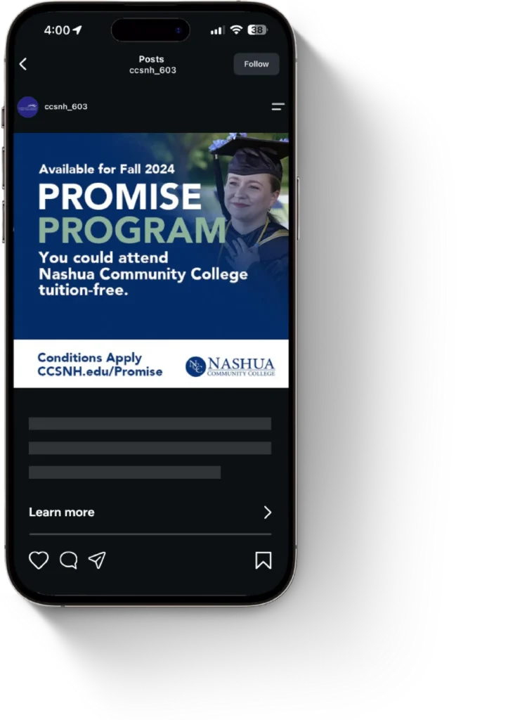 A smartphone showing a Nashua Community College social media post for its tuition-free Promise Program communications.