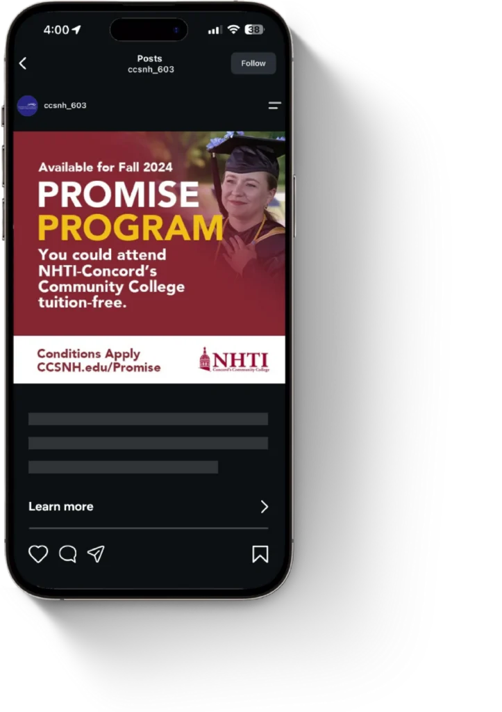 A phone displays an Instagram post announcing the NHTI community college communications for the Fall 2024 Promise Program.