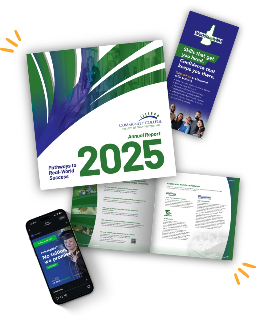 A Community College System of New Hampshire 2025 report, a WorkReadyNH flyer, and a smartphone showing communications.