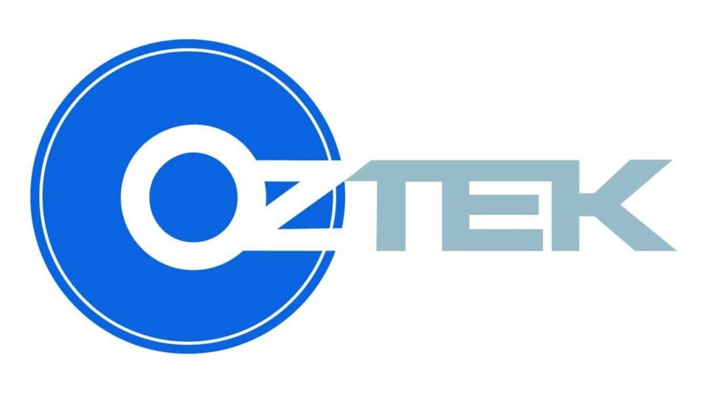 Logo with a bold blue circle and the text OZTEK in white and gray overlapping the circle, ideal for a modern manufacturing website design.