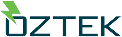 Logo with a green paper airplane icon and the word OZTEK in bold, dark blue letters—ideal for a modern manufacturing website design.