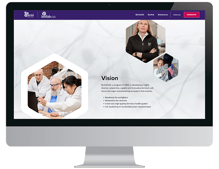 Computer screen displaying the BioFabUSA website vision page with images of professionals and text.