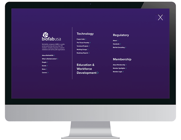 A computer screen displays the BioFabUSA website menu with sections for Technology, Regulatory, and Membership.