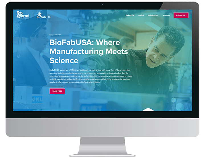 Computer screen displaying the BioFabUSA website with a headline: Where Manufacturing Meets Science.