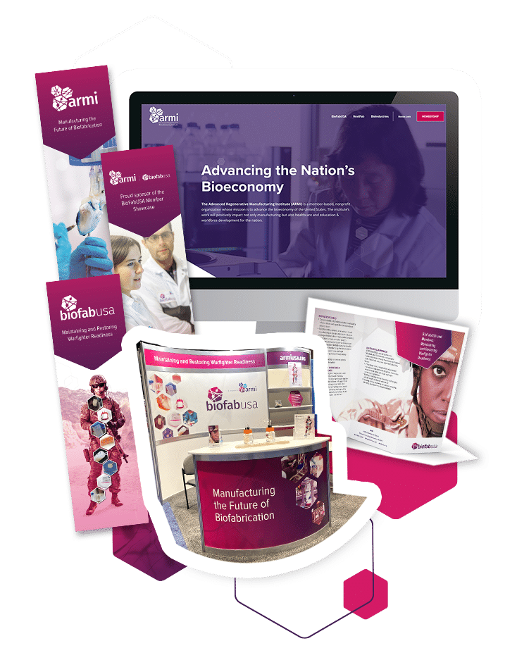 A collage of promotional materials for ARMI and biofabusa, featuring brochures, a website, and an exhibit booth.