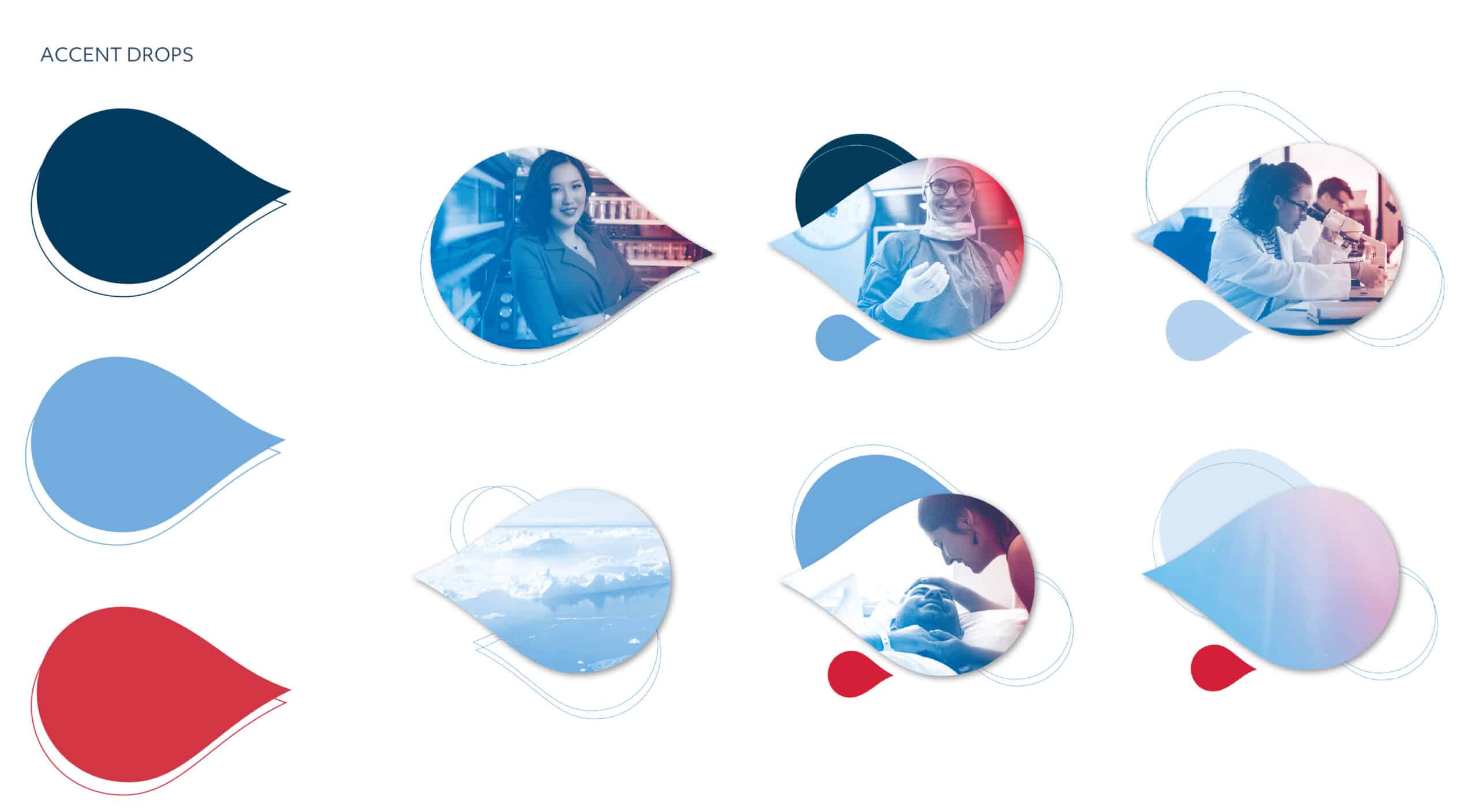 Eight teardrop shapes, some solid, some featuring images of people working, medical staff, and a snowy landscape—perfect for showcasing a website redesign case study.