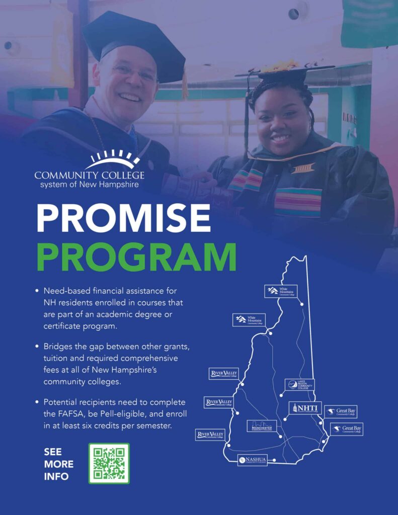 Two graduates in caps and gowns smiling, with New Hampshire map and college financial aid program info in the foreground, highlighting community college communications initiatives.