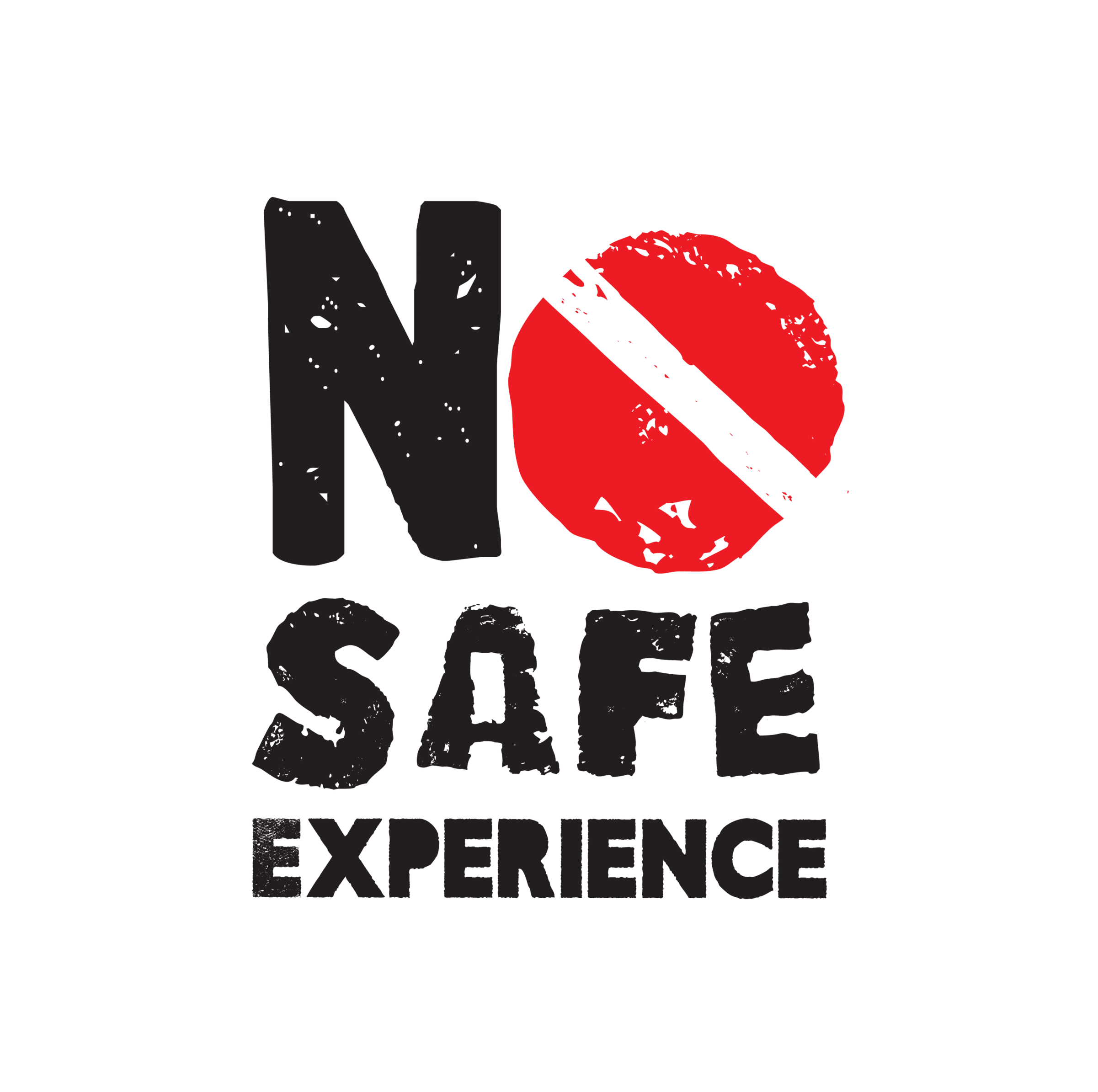 Text reads “NO SAFE EXPERIENCE,” with the “O” illustrated as a scuba diving warning sign—creating a bold marketing message to raise public awareness about underwater risks.