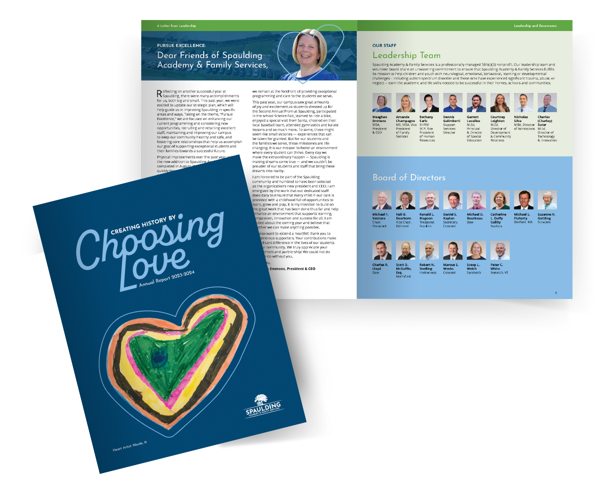 Two-page spread and cover of a report titled “Choosing Love,” featuring staff photos, a colorful heart drawing, and insights from a case study in marketing.