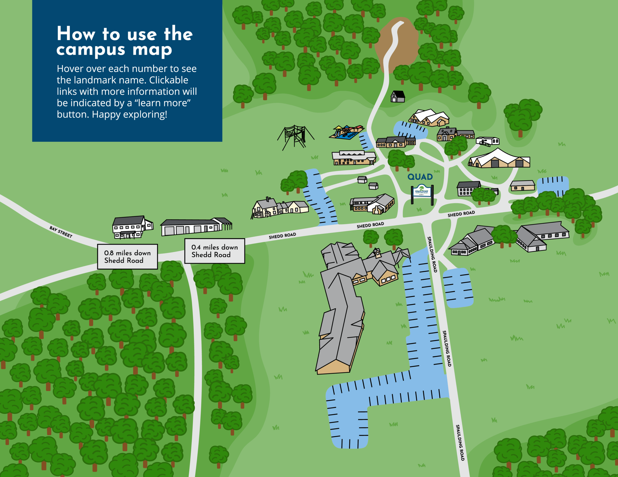 Illustrated campus map with labeled buildings, roads, parking lots, and surrounding green spaces—ideal for marketing materials or as a visual case study.