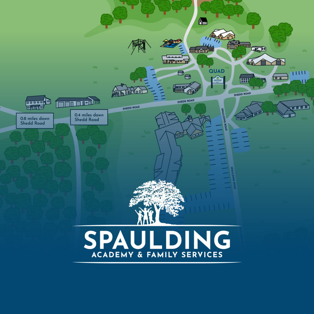 Illustrated campus map with buildings, trees, roads, and Spaulding Academy & Family Services logo at the bottom&mdash;perfect for marketing materials or as part of a case study.
