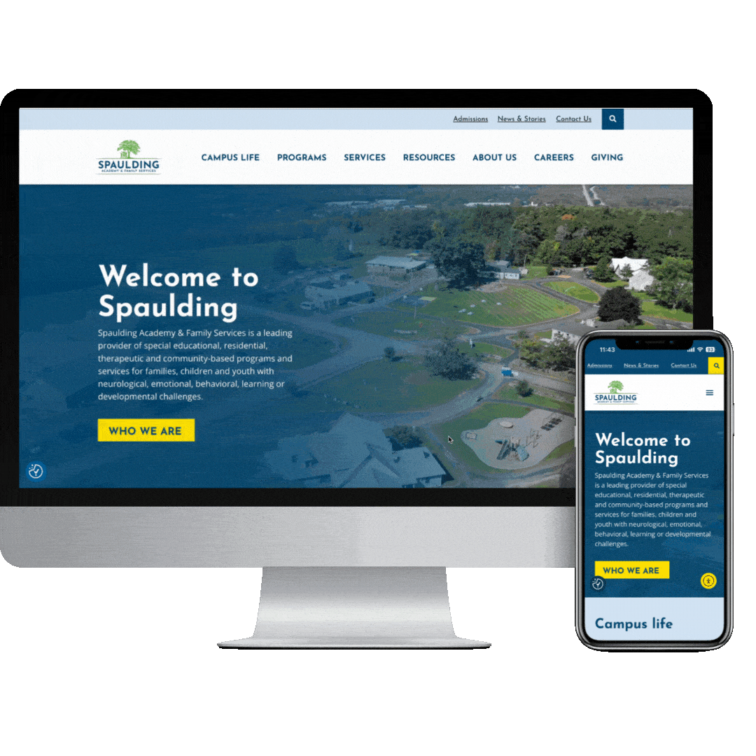 Desktop and mobile screens show the Spaulding Academy & Family Services website homepage with a welcome message, ideal for a marketing case study.