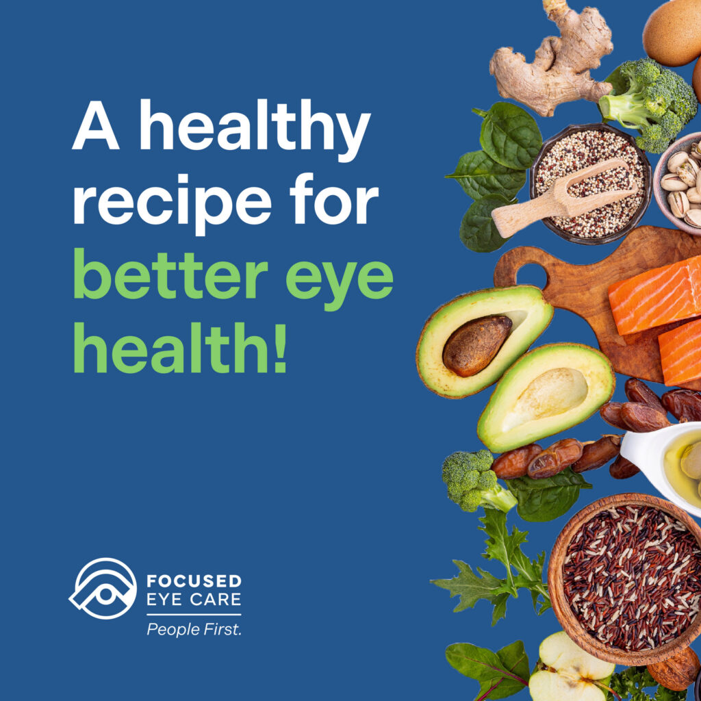 Healthy foods like avocado, salmon, nuts, and leafy greens with text: A healthy recipe for better eye health!.