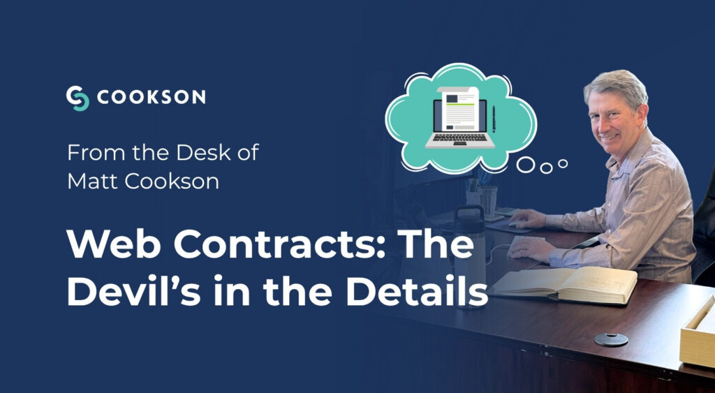 Man sitting at a desk with a thought bubble about contracts; text reads Web Contracts: The Devil’s in the Details.