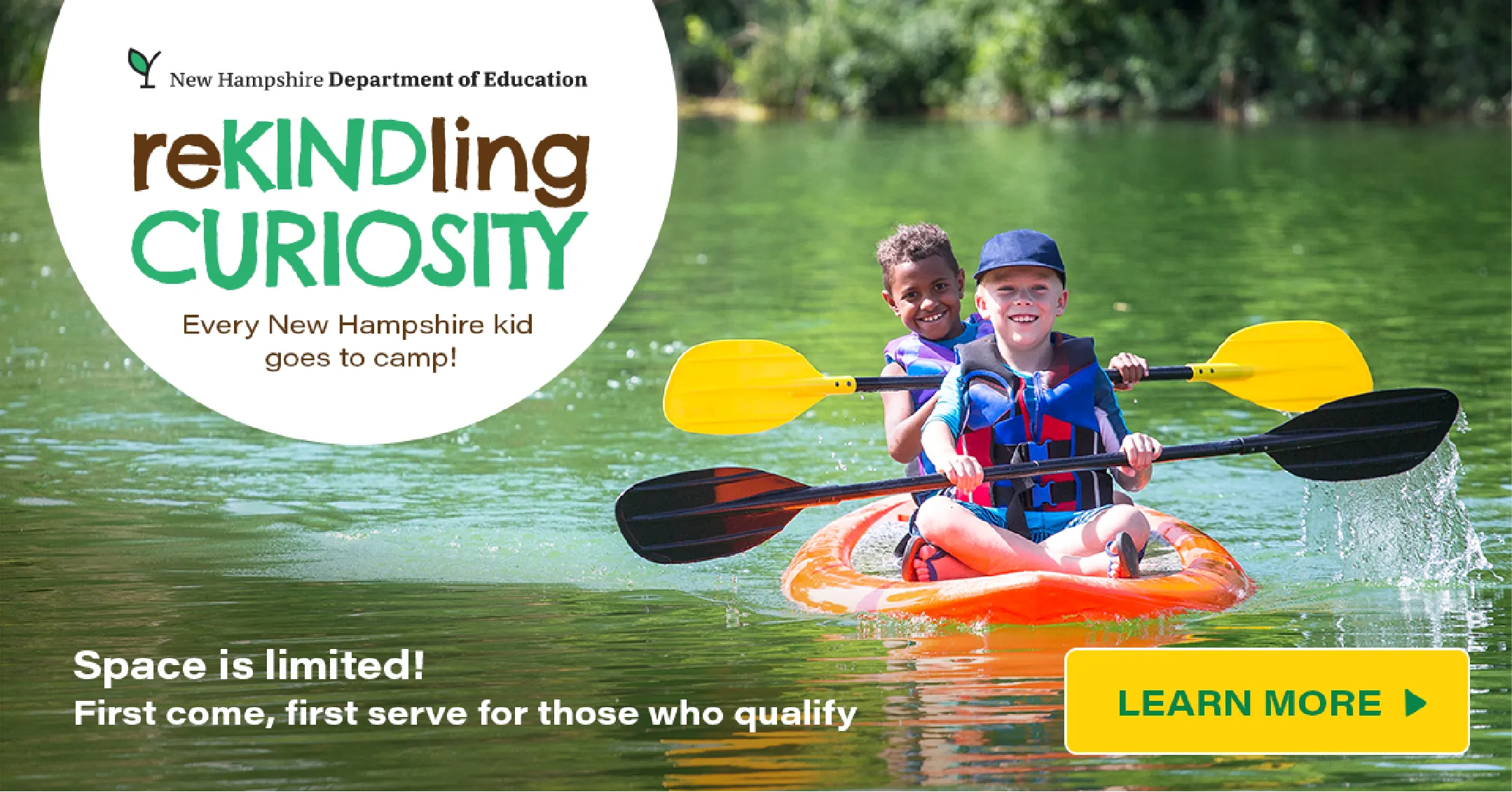Two children smiling and paddling a kayak on a green lake, with text about a New Hampshire kids&rsquo; camp.