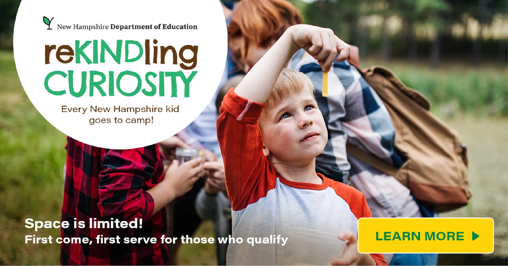 Young boy examines an object outdoors with adults nearby; text promotes a New Hampshire kids&rsquo; camp program.