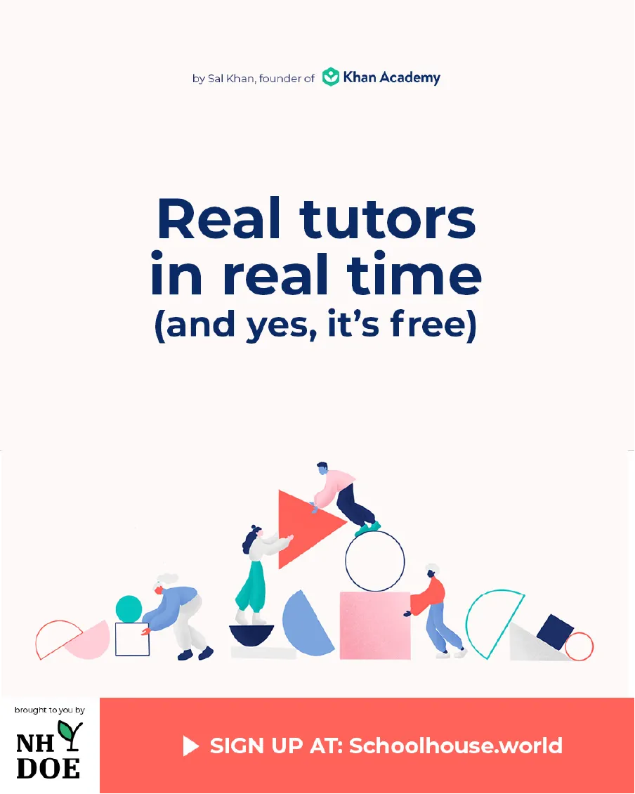 Colorful illustration of people with shapes and text: Real tutors in real time (and yes, it&rsquo;s free).