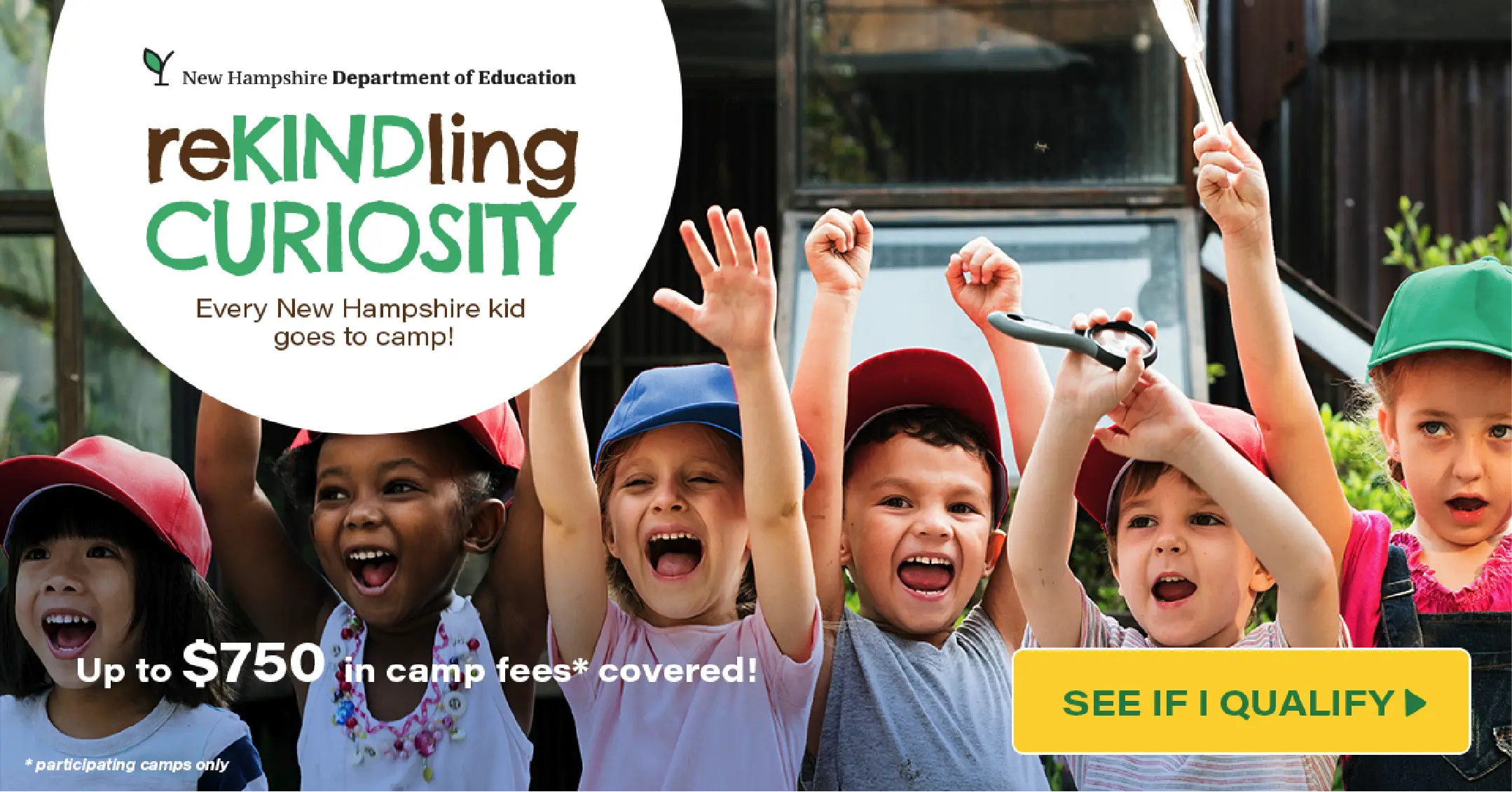 Diverse group of excited children in hats raising hands outdoors; Community camp promotion text shown, perfect for engaging marketing campaigns.