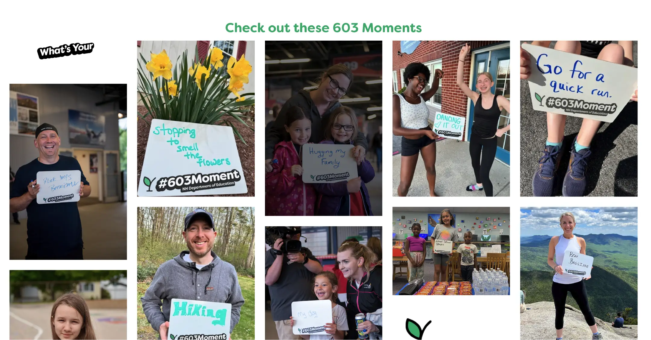 Collage of people holding signs sharing their favorite moments, including hiking, family, and stopping to smell flowers&mdash;celebrating community and connection in every snapshot.