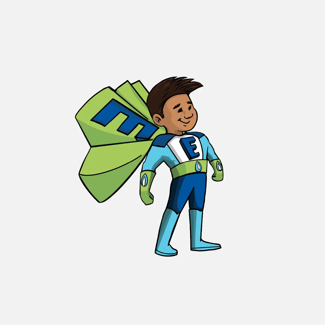 Cartoon superhero boy in blue and green suit with a large E on his chest and cape, standing proudly&mdash;ready to champion community spirit and creative marketing.