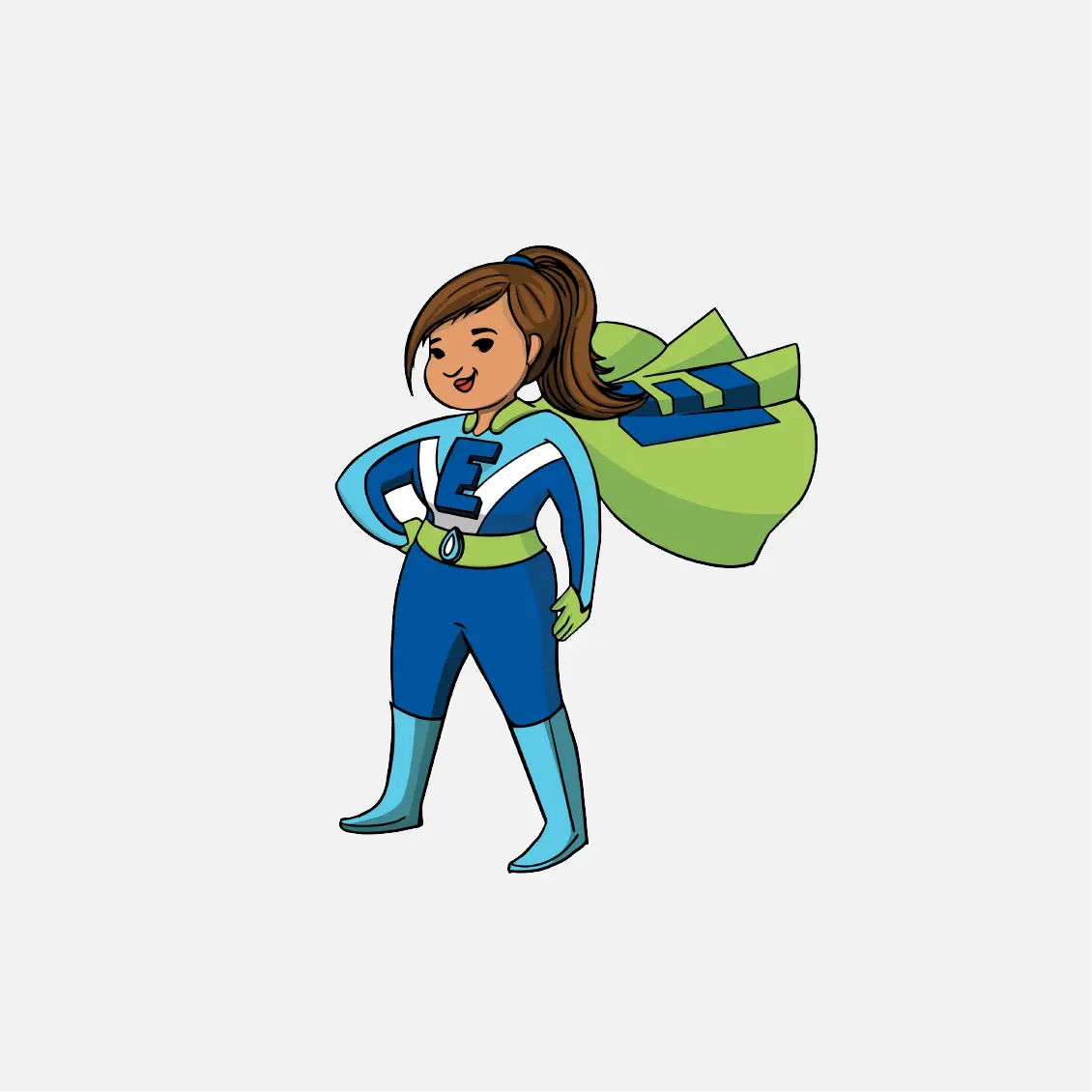 Cartoon superhero girl in blue with an E on her chest and cape, standing confidently, smiling&mdash;ready to lead her community and shine in marketing adventures.