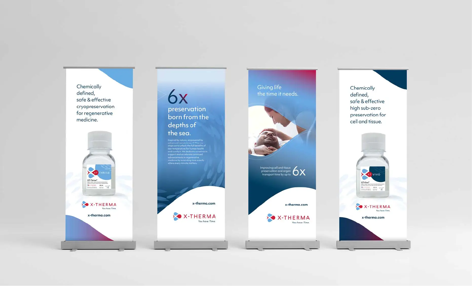 Four vertical banners display X-Therma&rsquo;s cryopreservation products, benefits, and branding in blue and white.