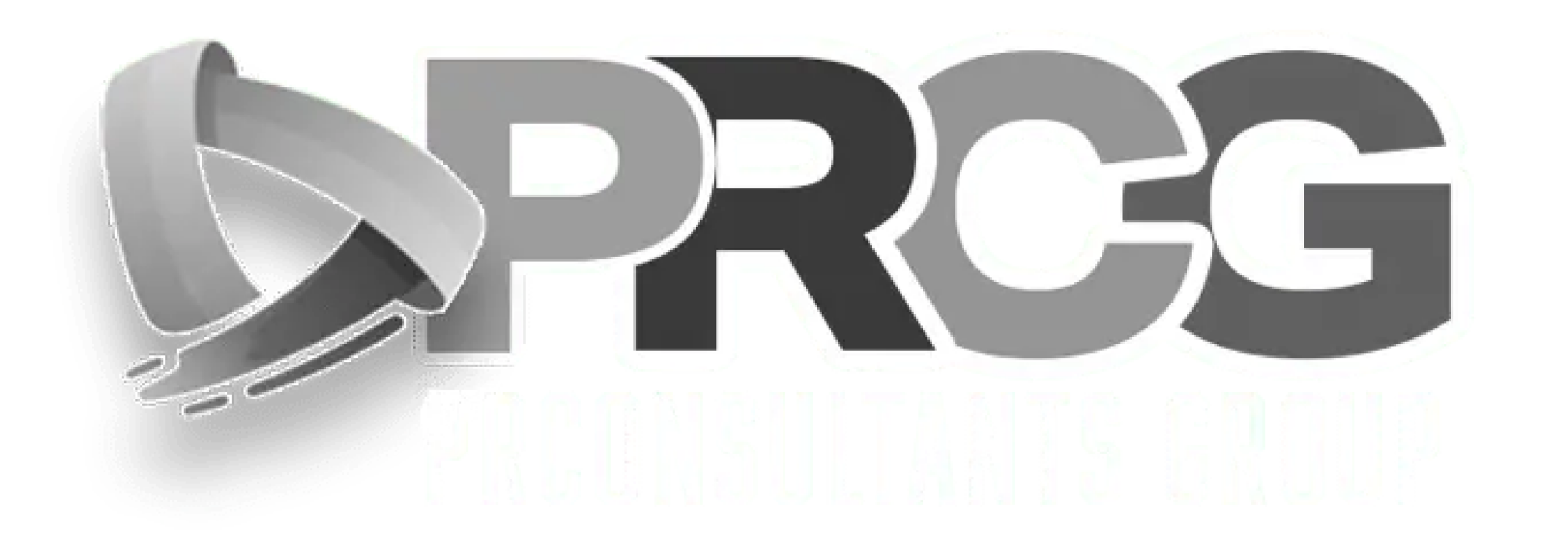 Logo with stylized silver and gray shapes next to the text PRCG PR CONSULTANTS GROUP in bold and light fonts.