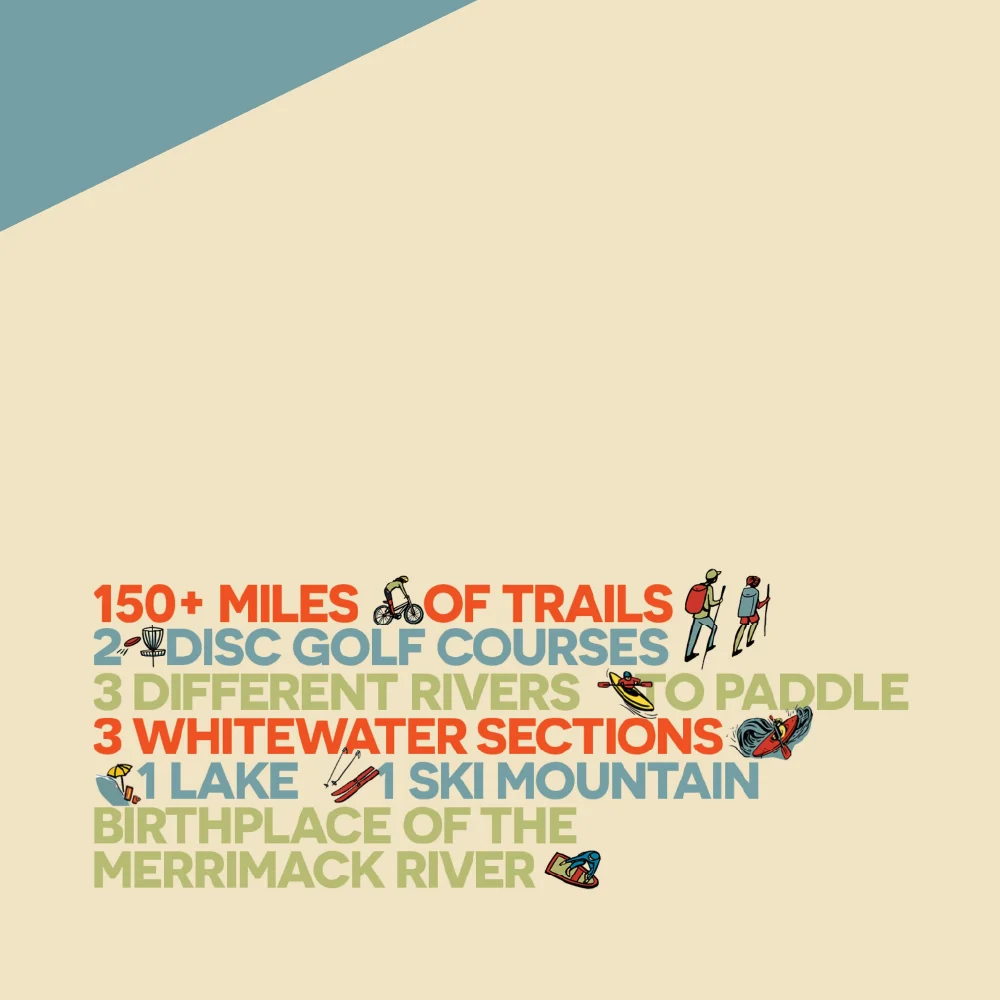 Explore the trails, disc golf, rivers, paddle adventures, whitewater thrills, lake escapes, ski mountain fun, and more&mdash;each activity is a key element in our community's brand strategy along the scenic Merrimack River.