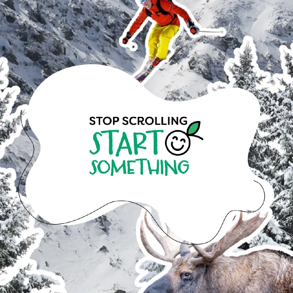 A skier jumps above snowy trees, a moose stands below, and text reads Stop scrolling, start something&mdash;ignite your brand strategy.