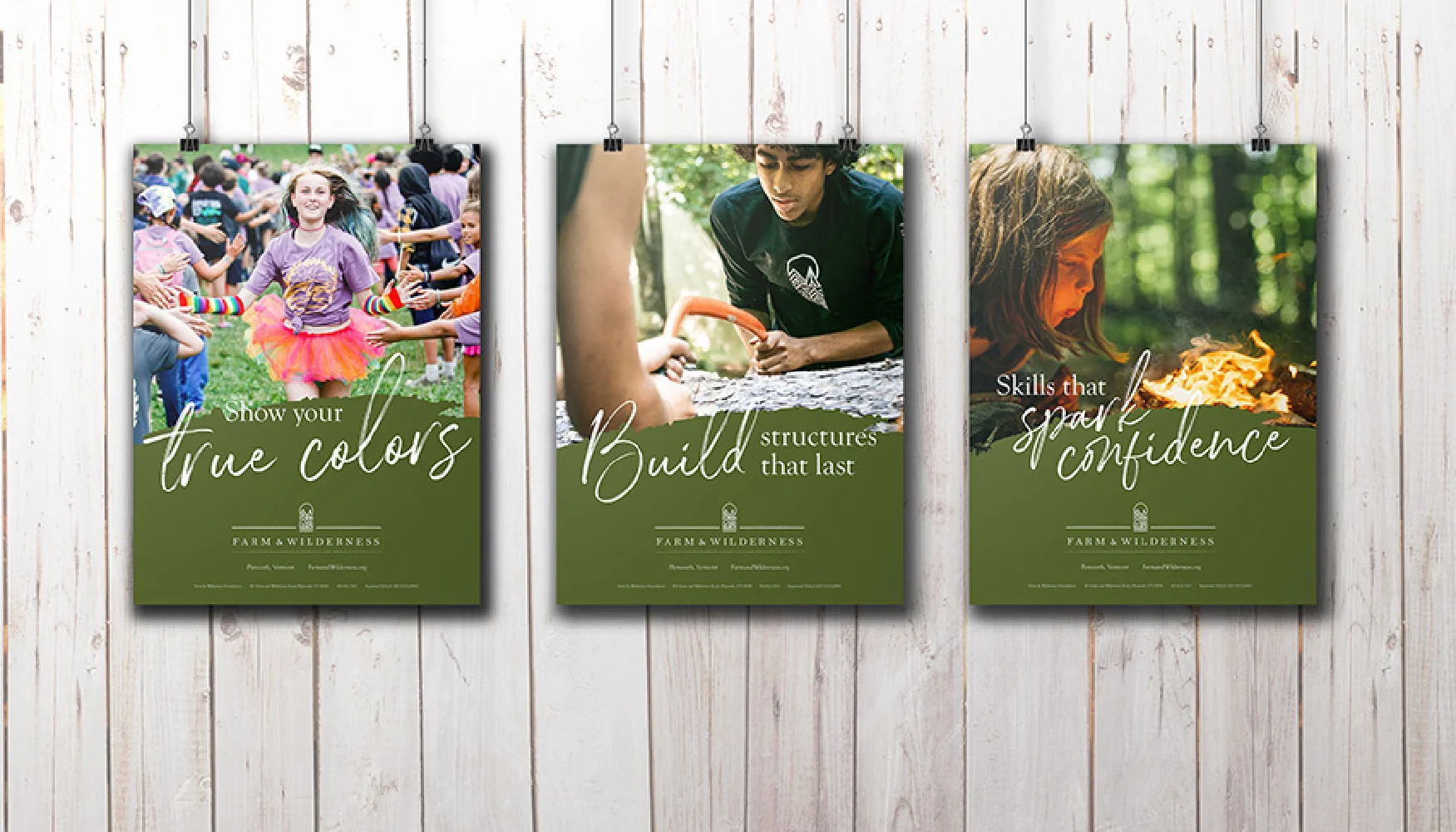 Three posters show kids at camp with captions: True colors, Build structures, and Spark confidence&mdash;each reflecting our thoughtful brand strategy.