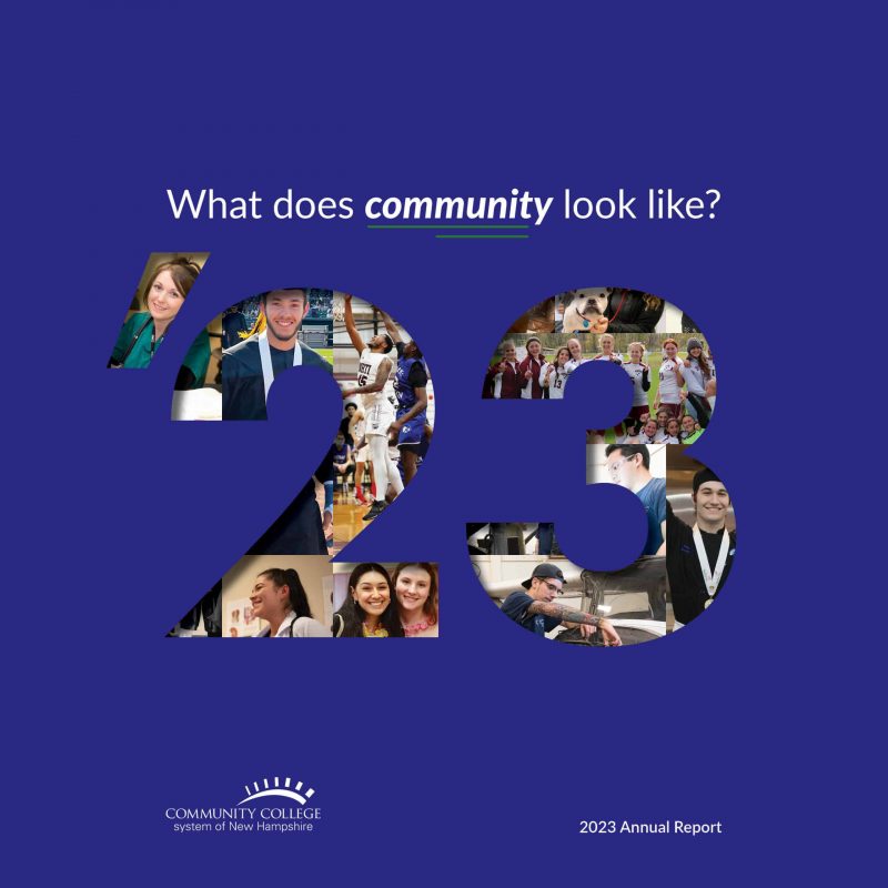 Large 23 filled with diverse college community photos on a blue background highlights campus spirit and marketing appeal; text reads What does community look like?.