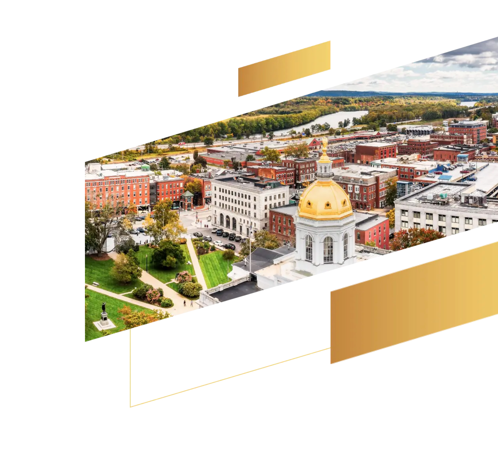 Aerial view of a city with a gold-domed building, surrounded by trees and colorful autumn foliage&mdash;an inspiring hub for tech and finance innovation.