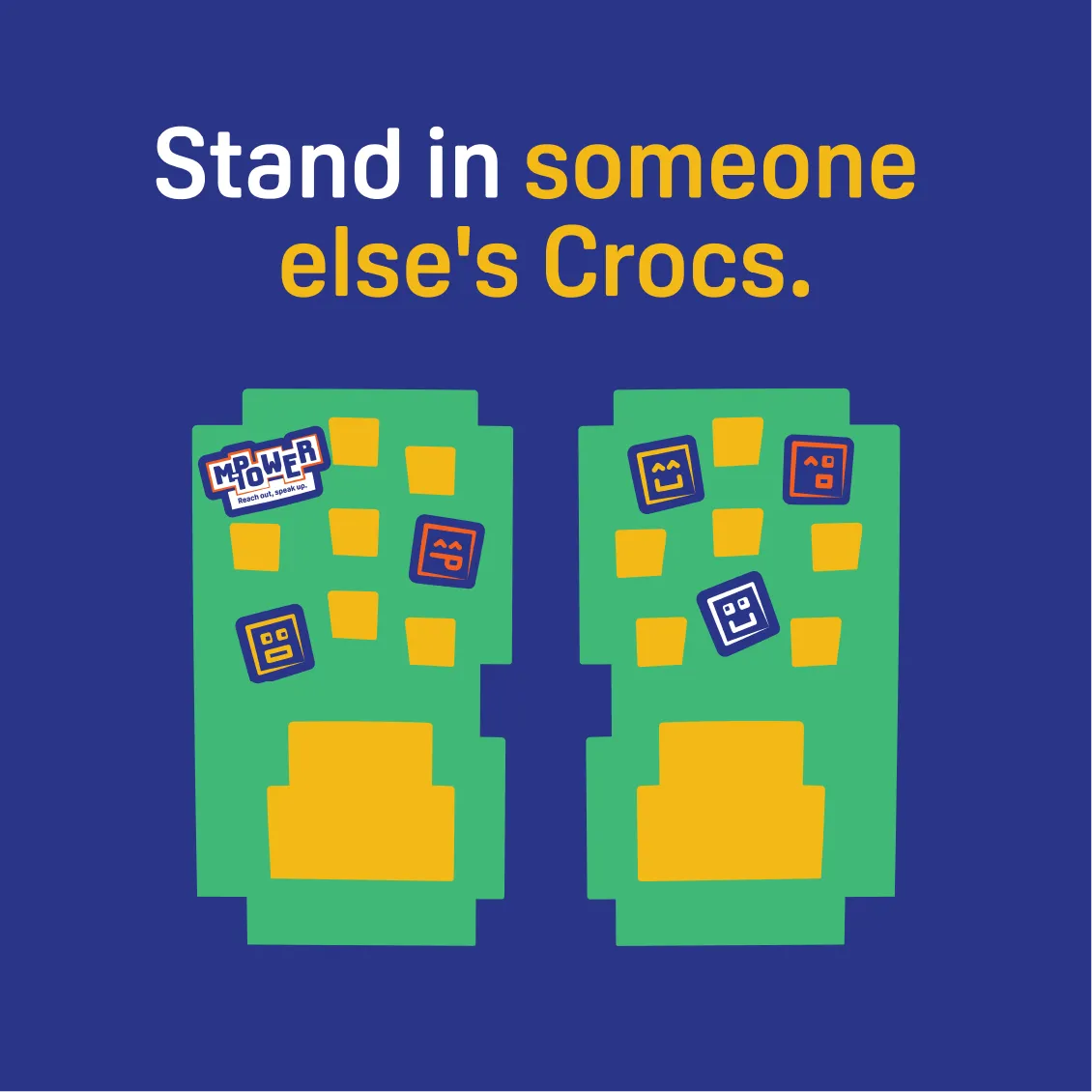 Two green pixelated Crocs with colorful charms, and text: Stand in someone elses Crocs.