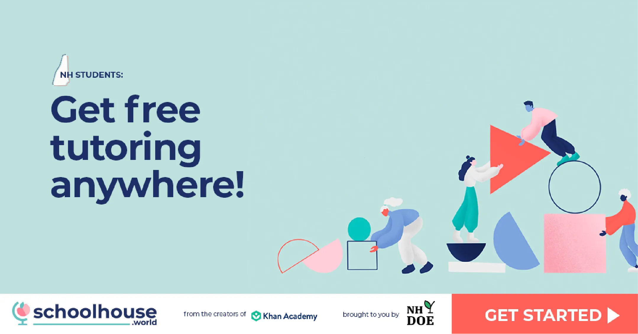 Illustration of people collaborating with text: NH students: Get free tutoring anywhere! and a Get Started button.