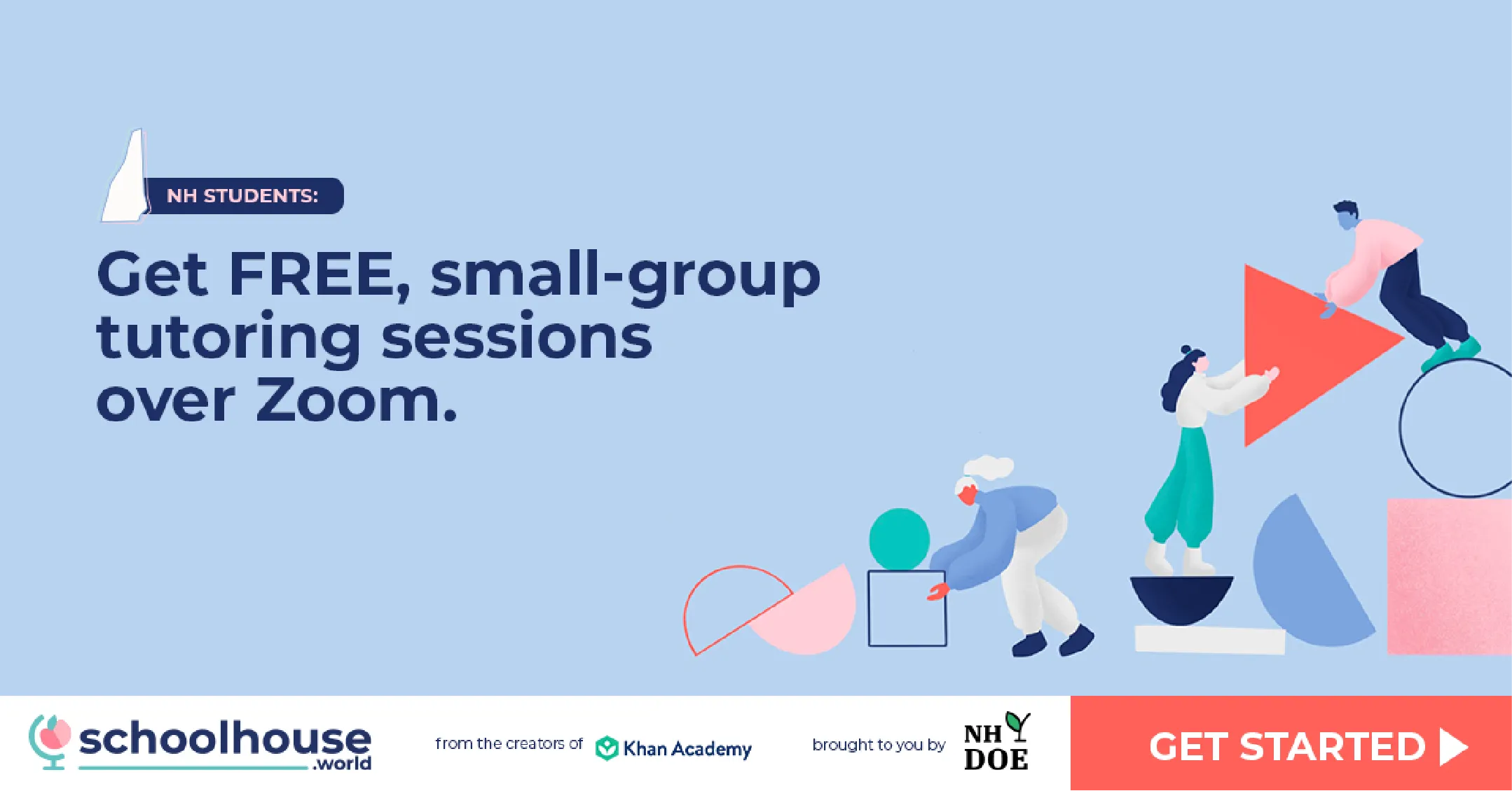 Ad for free small-group Zoom tutoring for NH students, with illustrated people and schoolhouse logo.