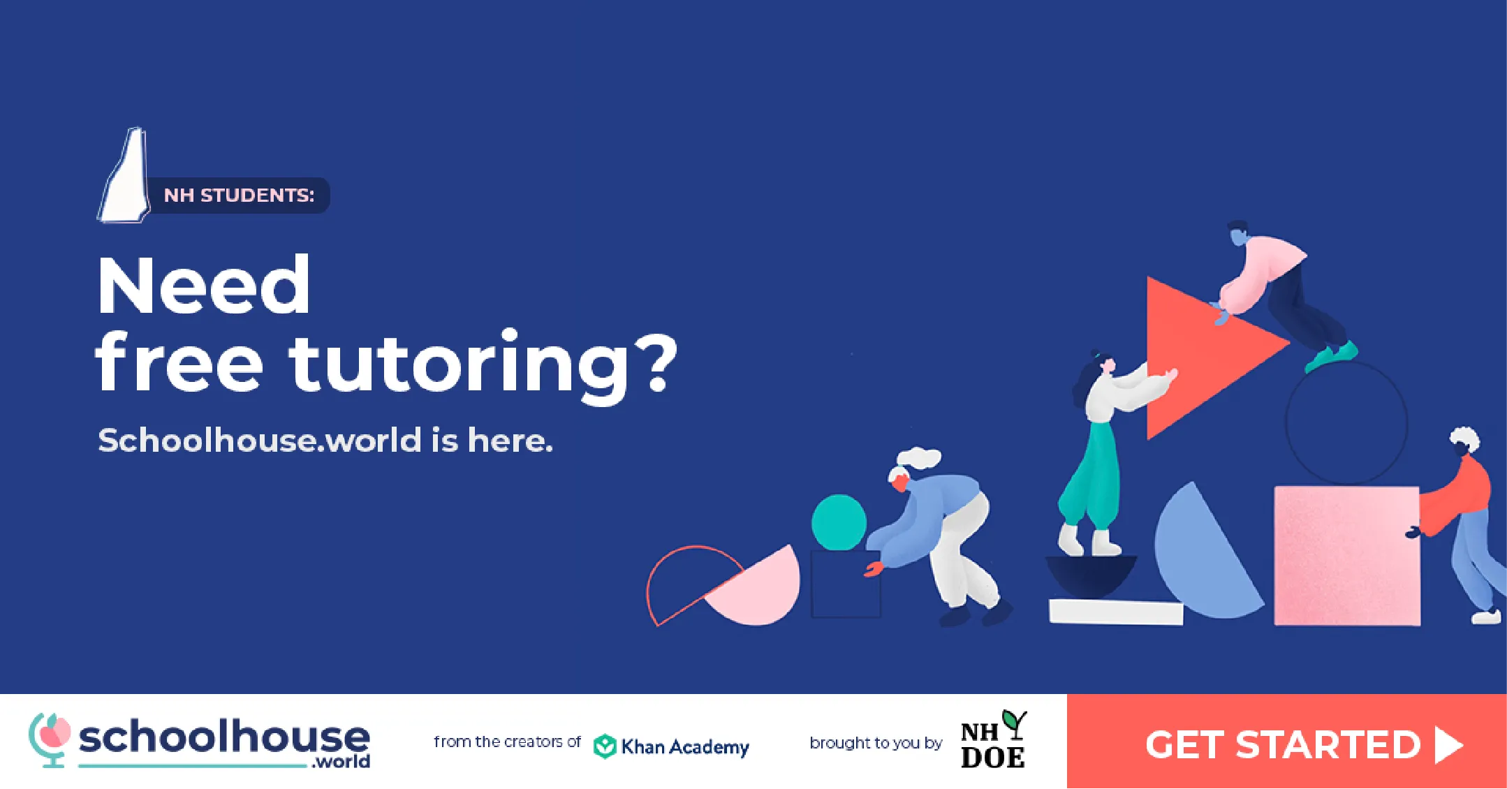 Illustration of people with geometric shapes and text offering free tutoring for NH students from Schoolhouse.world.