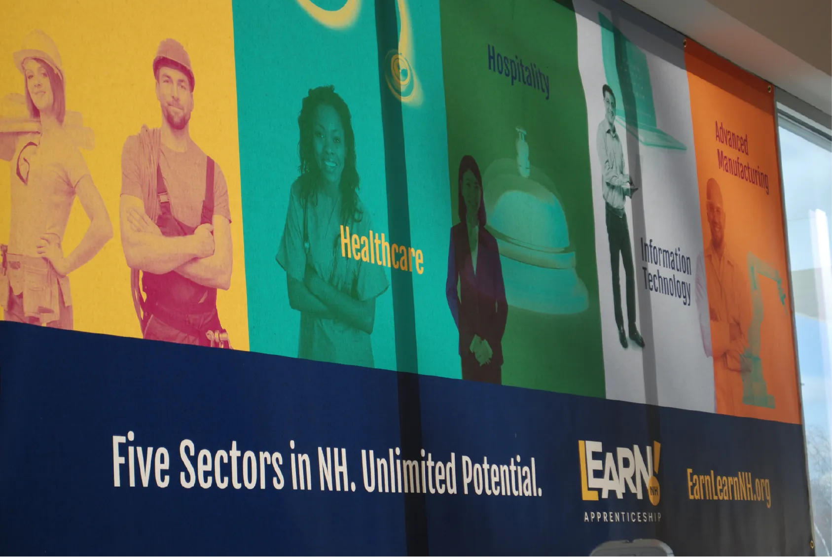 Banner showing five job sectors in NH: construction, healthcare, hospitality, IT, and manufacturing.