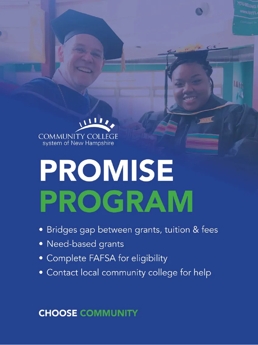 Two graduates in caps and gowns smile, promoting the Community College Promise Program and its benefits.