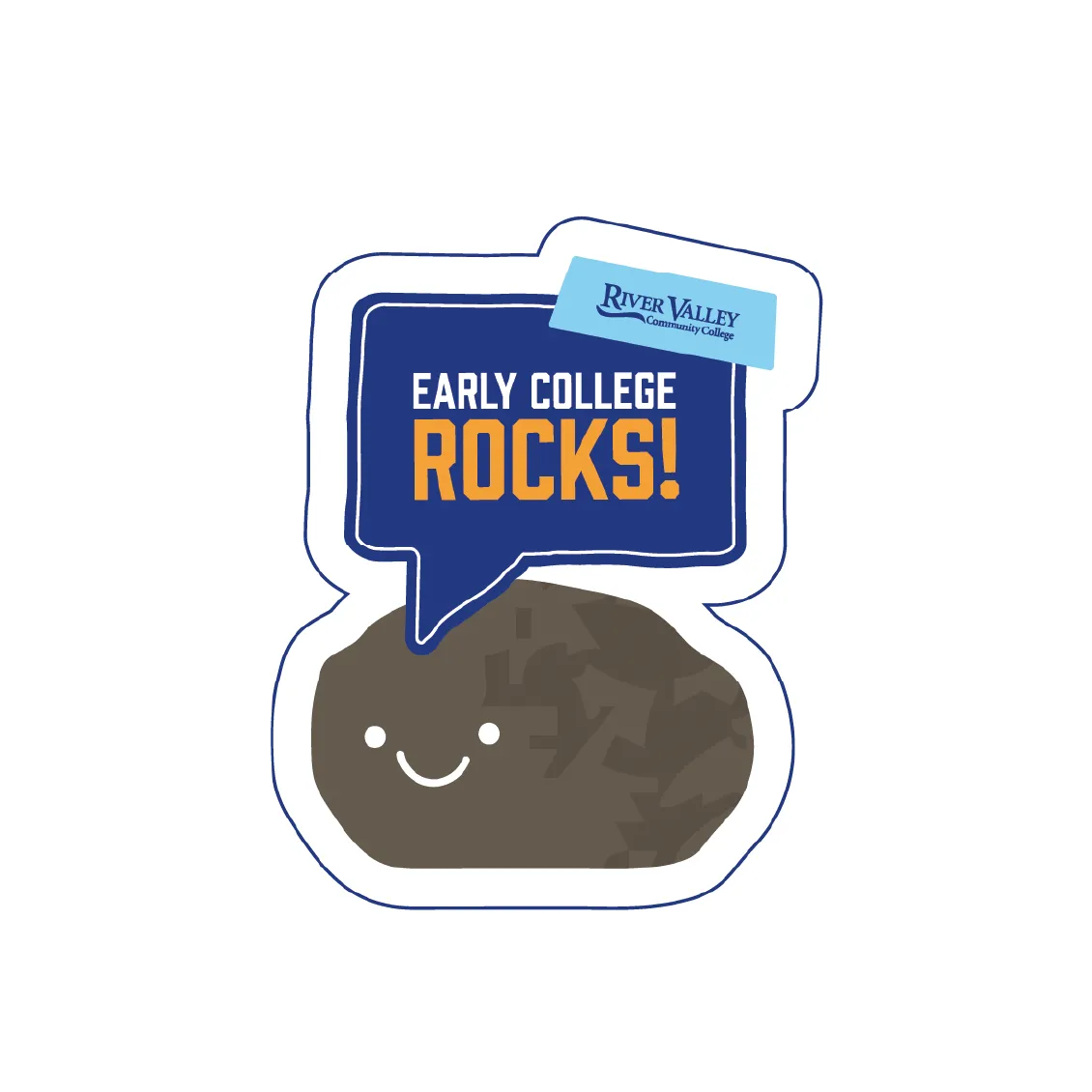 A smiling rock with a speech bubble saying Early College Rocks! and a River Valley Community College logo.