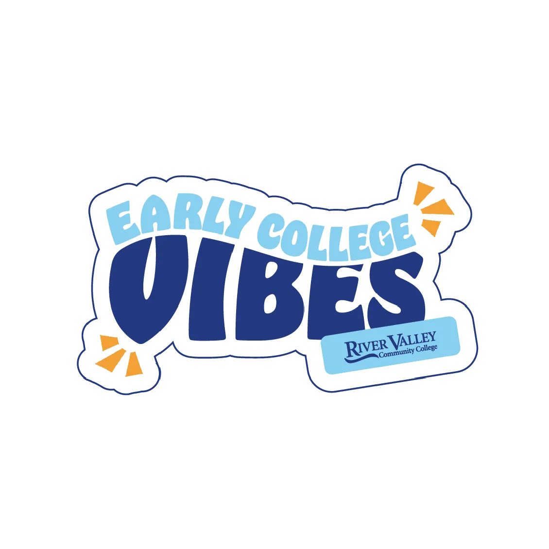 Sticker reads Early College Vibes with a River Valley Community College logo, perfect for showing your love for education and school spirit&mdash;great for marketing college pride on a crisp white background.