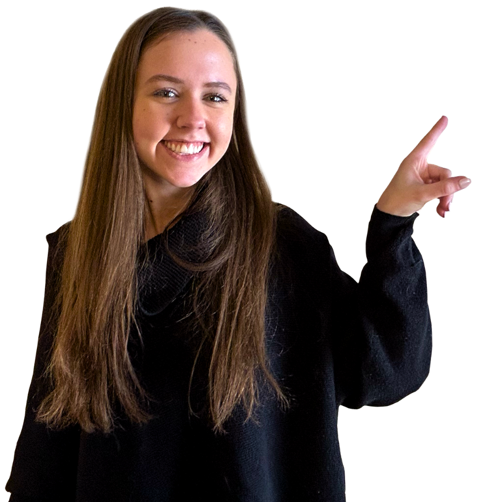 Smiling woman with long brown hair points upward with her right hand, wearing a black sweater&mdash;a perfect pose for creative marketing concepts.