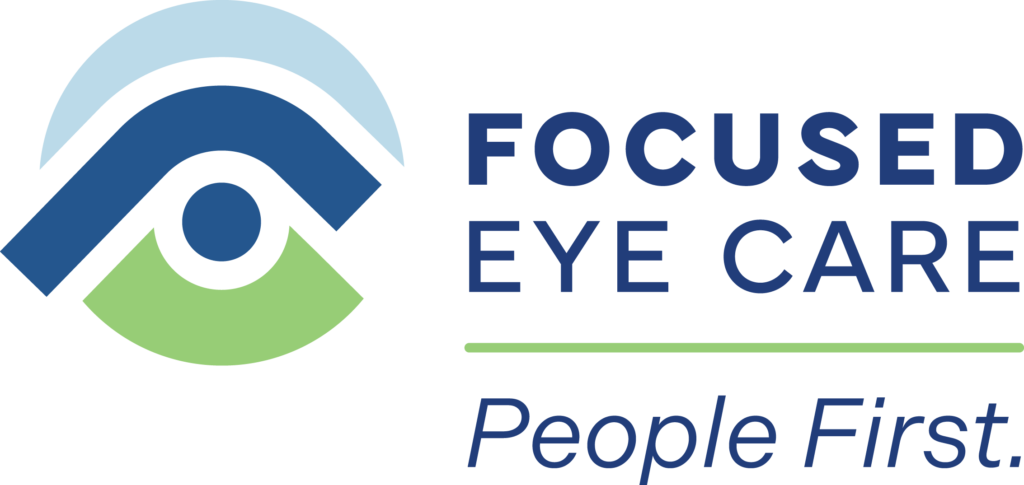 Logo with abstract eye design, FOCUSED EYE CARE, and slogan People First in blue and green&mdash;perfect for brands merging vision health with growth marketing strategies.