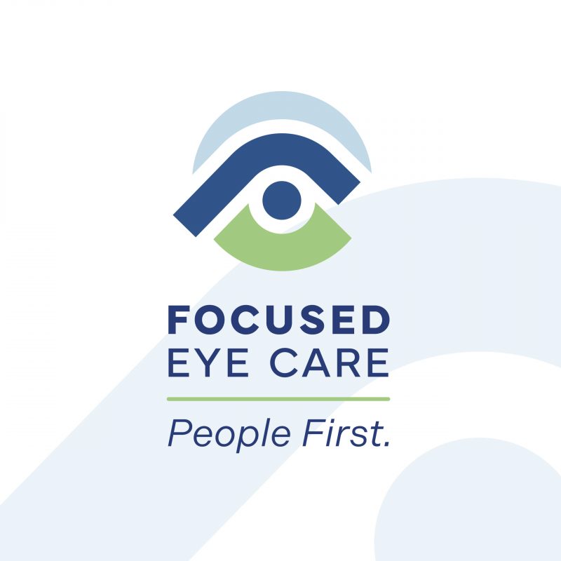 Logo with a stylized eye and the text Focused Eye Care. People First. on a white background, ideal for marketing materials seeking a professional and welcoming look.